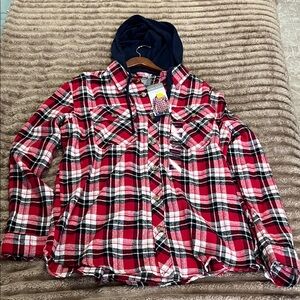 Men Red and Black Plaid Flannel Shirt with Navy Hood